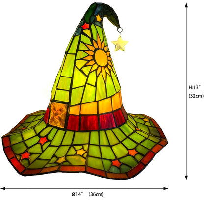 Bieye L13011 Tiffany Style Stained Glass Wizard Hat Table Lamp with Hanging Star, Handcrafted Fantasy Witch Hat Accent Light for Magical Home & Halloween Décor