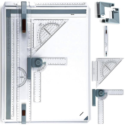 A3 Portable Drawing Table Board with Clear Rule Parallel Motion and Angle Adjustable Measuring System, Multi-Function Metric Drawing Board Drafting Table for Engineering Students