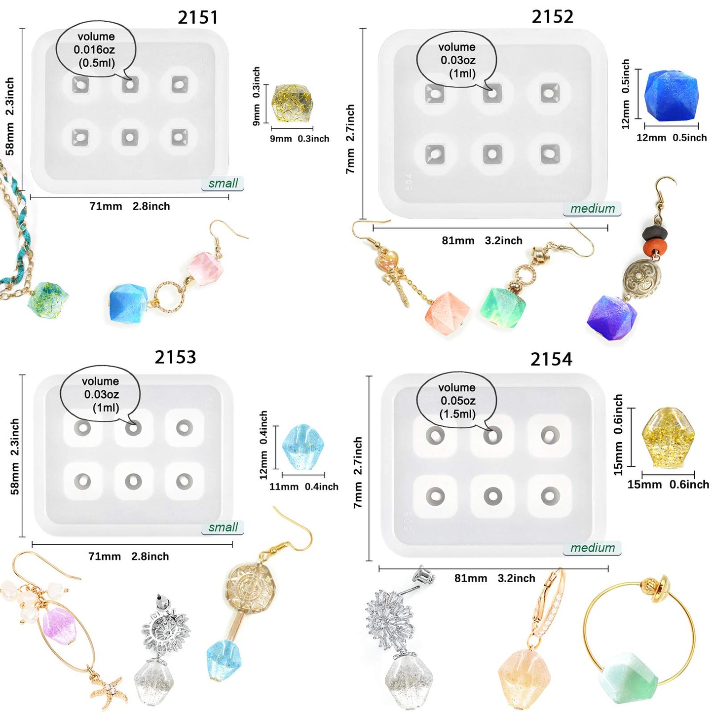Beads Resin Molds with Hole for Gemstone Cabochon Jewelry Casting 14-Count