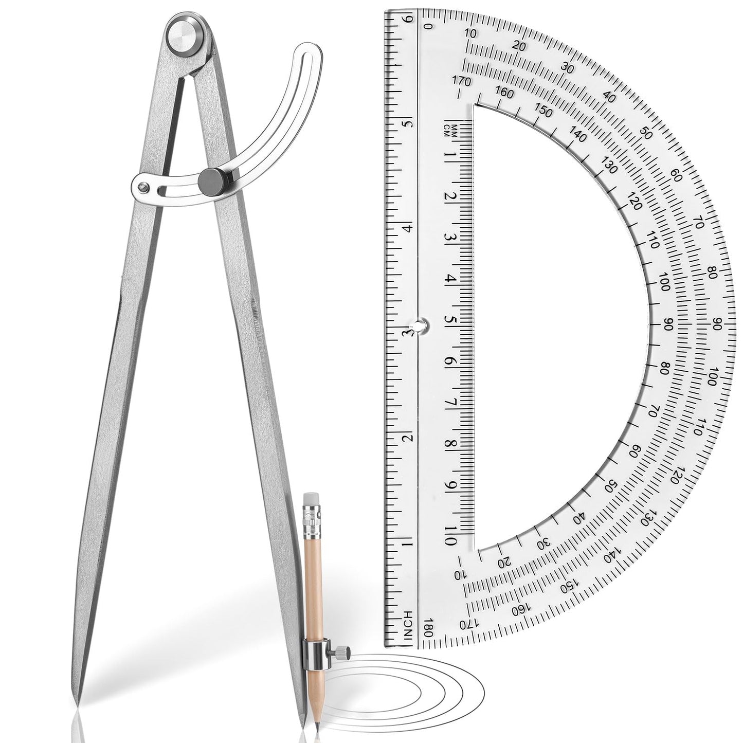 Zonon Professional 12 Inch Large Compass with Wing for Woodworking and 6 Inch Protractor Set, Pencil Compass for Geometry Math Carpenter, Drafting, Drawing Tool