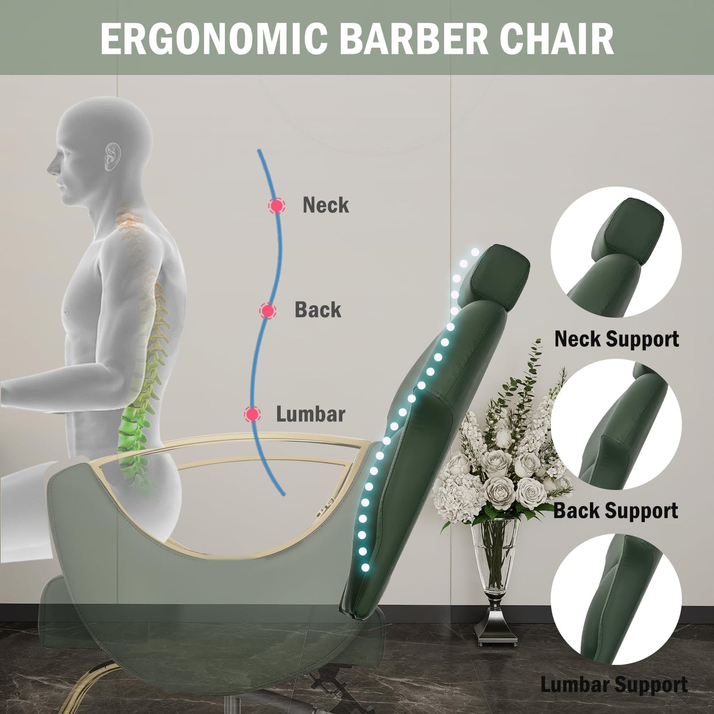 Tythical Salon Chair for Hair Stylist, 360° Swivel Reclining Barber Hair Styling Chair, Height Adjustable Spa Beauty Equipment for Home Barbershop, Green Gold