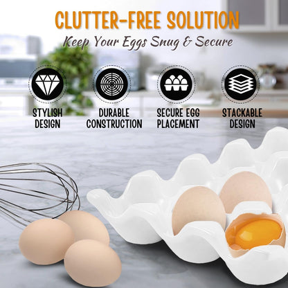 Flexzion 12 + 6 Cups Ceramic Egg Holder - 18 Porcelain Egg Tray Container for Refrigerator Countertop Display