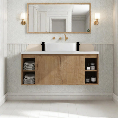 Trygoal Floating Bathroom Vanity, 48" Bathroom Storage Cabinet with Double Resin Sinks, 2 Soft-Close Doors & 4 Open Storage Shelves, Modern Wall-Mounted Vanity with 45° Bevel Handles, Oak