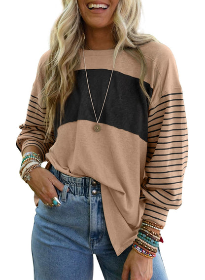 Dokotoo Long Sleeve Tops Oversized 2025 Trendy Round Crew Neck Casual Color Block Womens Shirts Blouses
