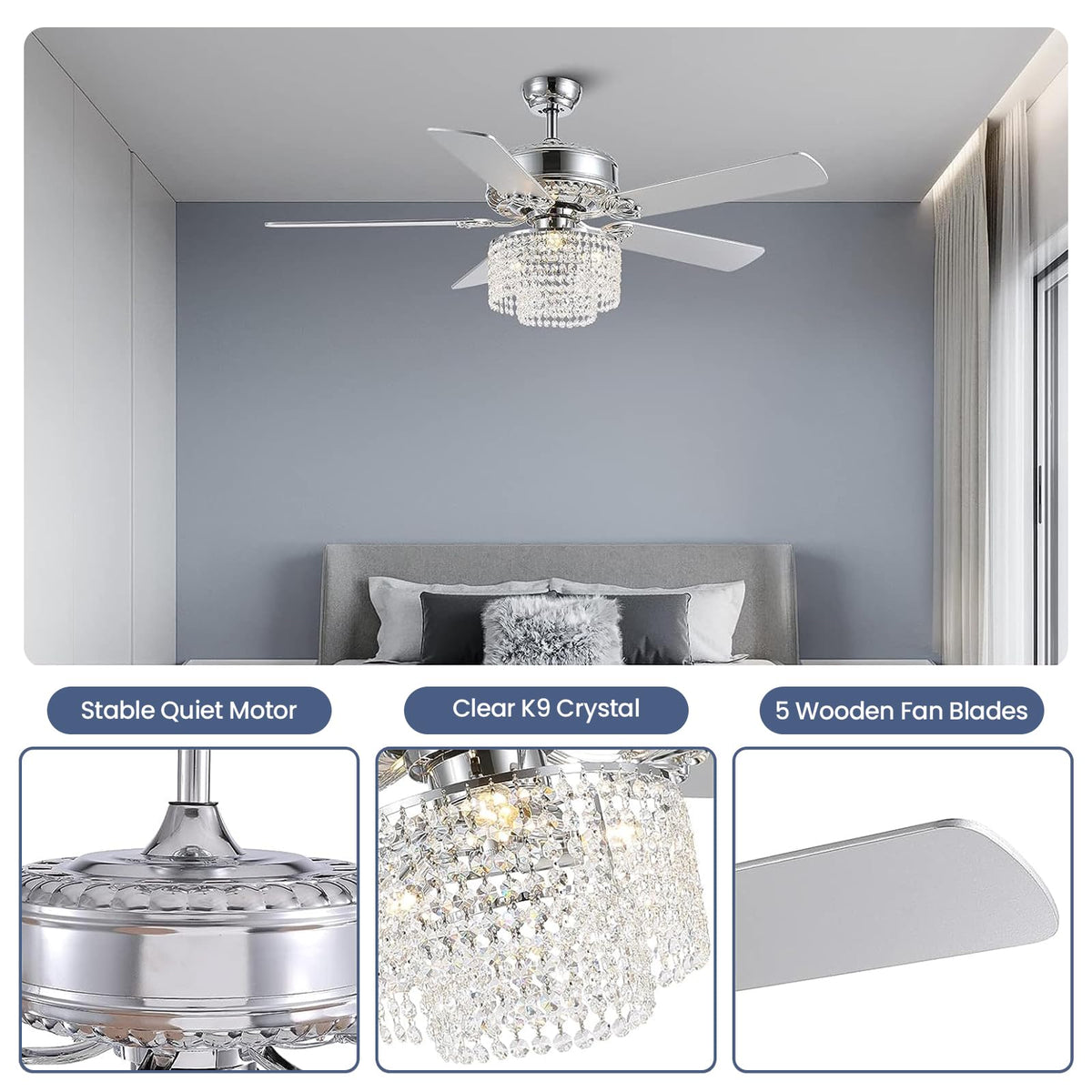 CROSSIO 52 Inch Crystal Ceiling Fan with Light and Remote Control, Modern Chandelier Fan with 5 Reversible Wood Blades Chrome Fandelier for Living Room Bedroom (Fine line Crystal-Ceiling Fan)