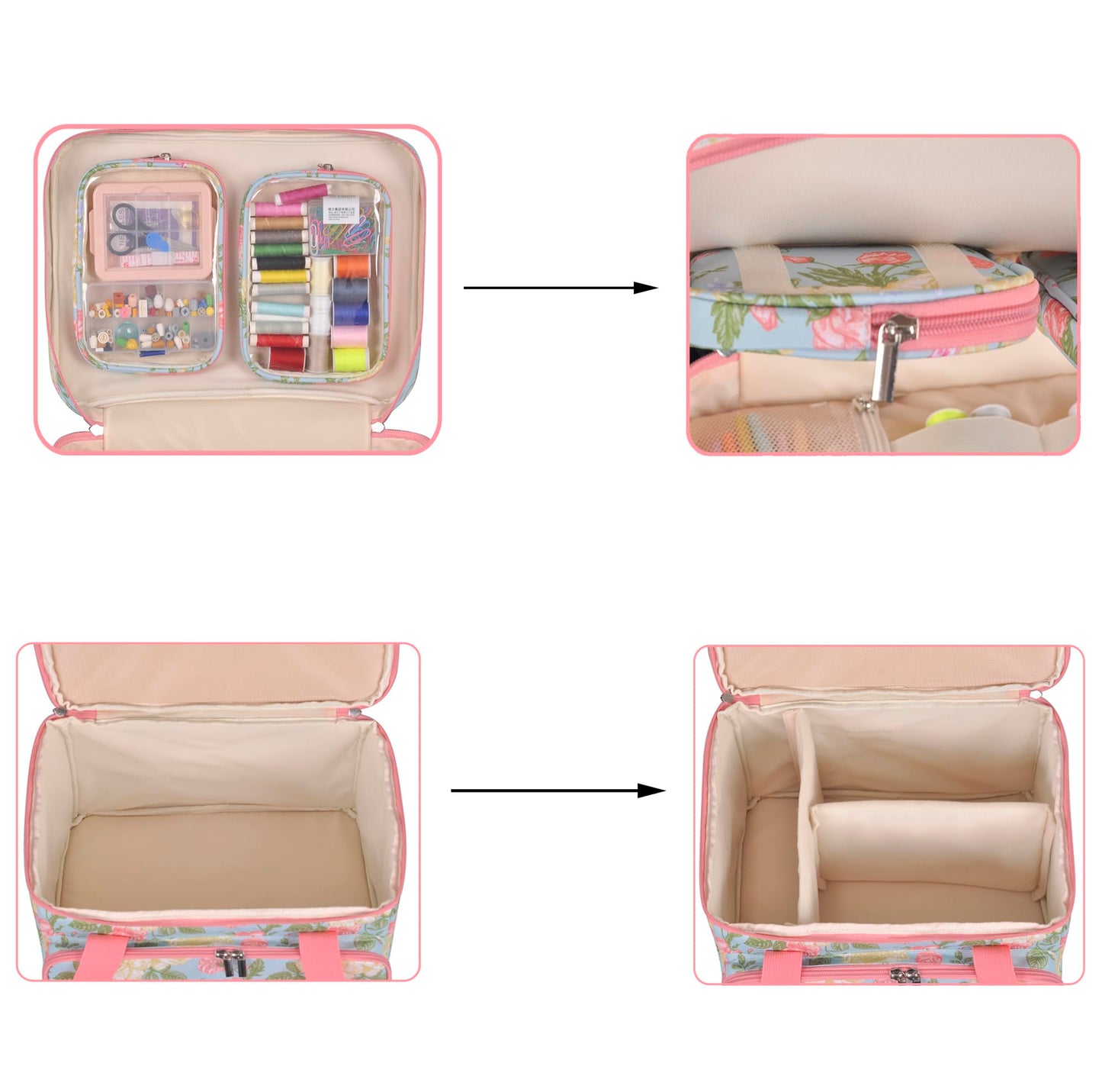 Remobia Hicol Sewing Accessories Organizer,Double Layer Sewing Storage Organizer Bag with 2 Detachable Pouches and 2 Pack Clear Plastic Organizer Box,Large Sewing Supplies (Rose Pattern)