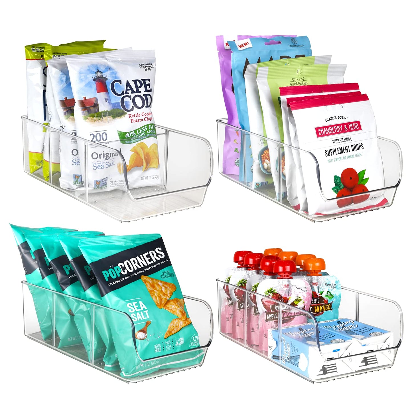 ELTOW 4-Pack Snack Organizer, 3-Compartment Plastic Bins with Removable Dividers, Chip & Food Storage for Pantry, Spices, Fridge, and Cabinet