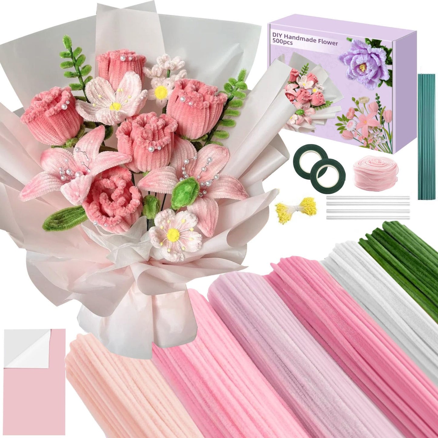 500 Pcs Pipe Cleaners Craft，Pipe Cleaner Bulk Flower Kit，6 Colors Chenille Stems Flower Kit for DIY Handmade Whit Ribbons，Stems,Tape，Stamens, Glue Sticks，Gift for Art Project Activity (Pink)