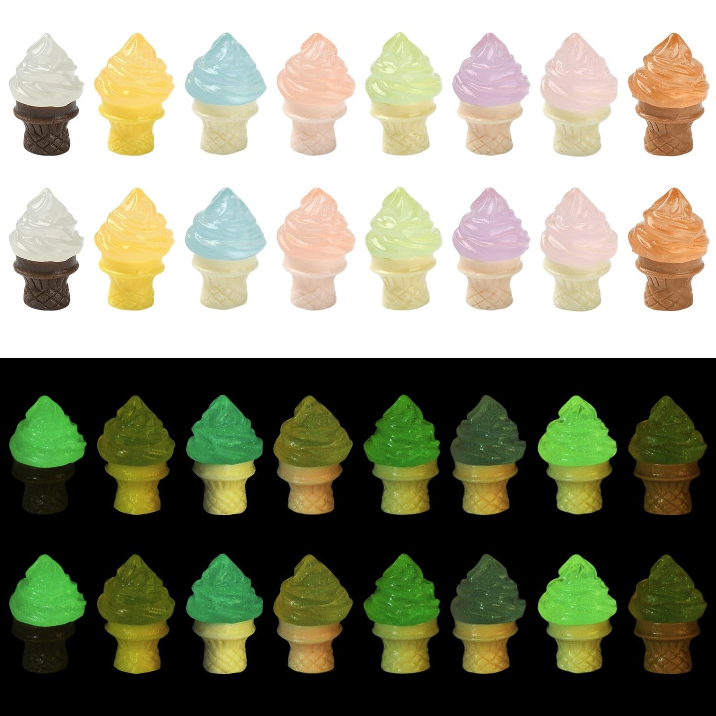 Stiesy 100pcs Luminous Resin Ice Cream Figurines Food Miniature Summer Display Ornaments Bulk Glow in the Dark for Micro Landscape Accessories Pretending Prop Decorations