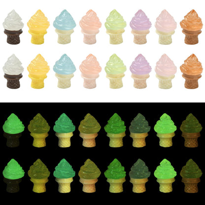 Stiesy 100pcs Luminous Resin Ice Cream Figurines Food Miniature Summer Display Ornaments Bulk Glow in the Dark for Micro Landscape Accessories Pretending Prop Decorations