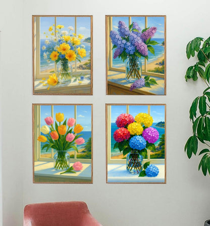 Lovepefe Floral Diamond Art Painting Kits for Adults, 4 Pack Flowers Paint with Diamond Kit for Beginners DIY Full Drill Gem Art Home Wall Decor 12 X 16 Inch