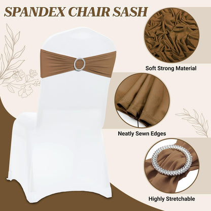 MDS Premium Spandex Chair Sashes - Stretchy Bow Covers with Buckle Slider | 50-Pack in Mocha for Weddings & Events