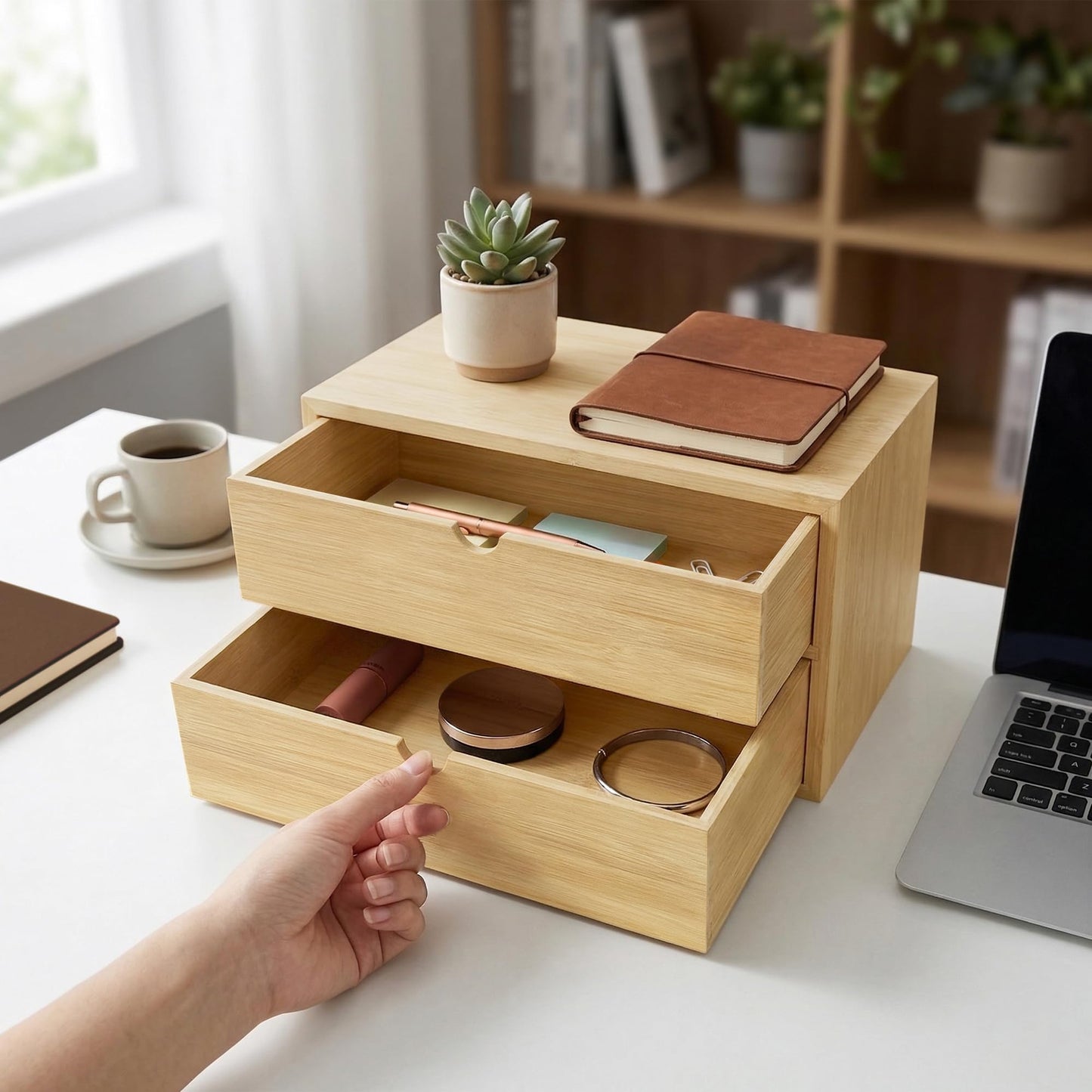 LUSHZLUMBERA Bamboo Desk Organizer with 2 Drawers, Desktop Drawers Wooden Storage Box 13.4 x 7.1 x 7.5 Inches Countertop Organizer for Office Supplies, Solid Wood Tabletop Drawer No Assembly Required
