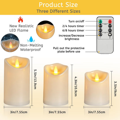 Flameless Candles 4" 5" 6" Set of 3 Outdoor Indoor Ivory Pillars Battery Operated Flickering Candles Include 8-Key Remote Timer Function, Fake Plastic Candles for Wedding, Aniversary, Christmas Decor