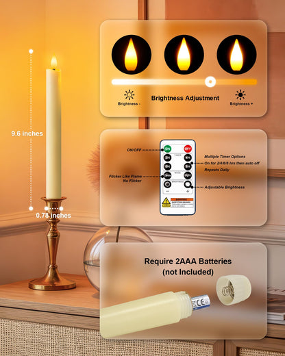 Homemory 12 Pcs Waxy Flameless Taper Candles with Remote, Flickering Battery Operated Taper Candles, Led Flameless Candlesticks Classic Tall Candle for Home, Wedding, Party, Ivory, 9.6 inches