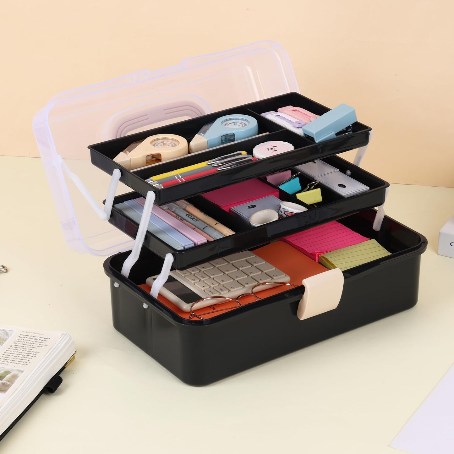 Craft Organizers, Tackle Box 3-Layer Portable Folding Toolbox, Plastic Tool Box with Handle for Sewing Supplies, Medicine, Art Supplies, Nails and Hair Accessories 12.5inch Black