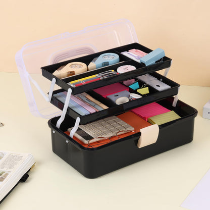 Craft Organizers, Tackle Box 3-Layer Portable Folding Toolbox, Plastic Tool Box with Handle for Sewing Supplies, Medicine, Art Supplies, Nails and Hair Accessories 12.5inch Black