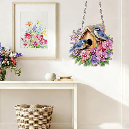 LPDJITO DIY Birdhouse Diamond Painting Hanging Ornament, Double-Sided Acrylic Flowers Bird Diamond Art Kit, Special Shaped Drill Pendant Window Art Kit, Suncatcher Hanging Craft Decoration