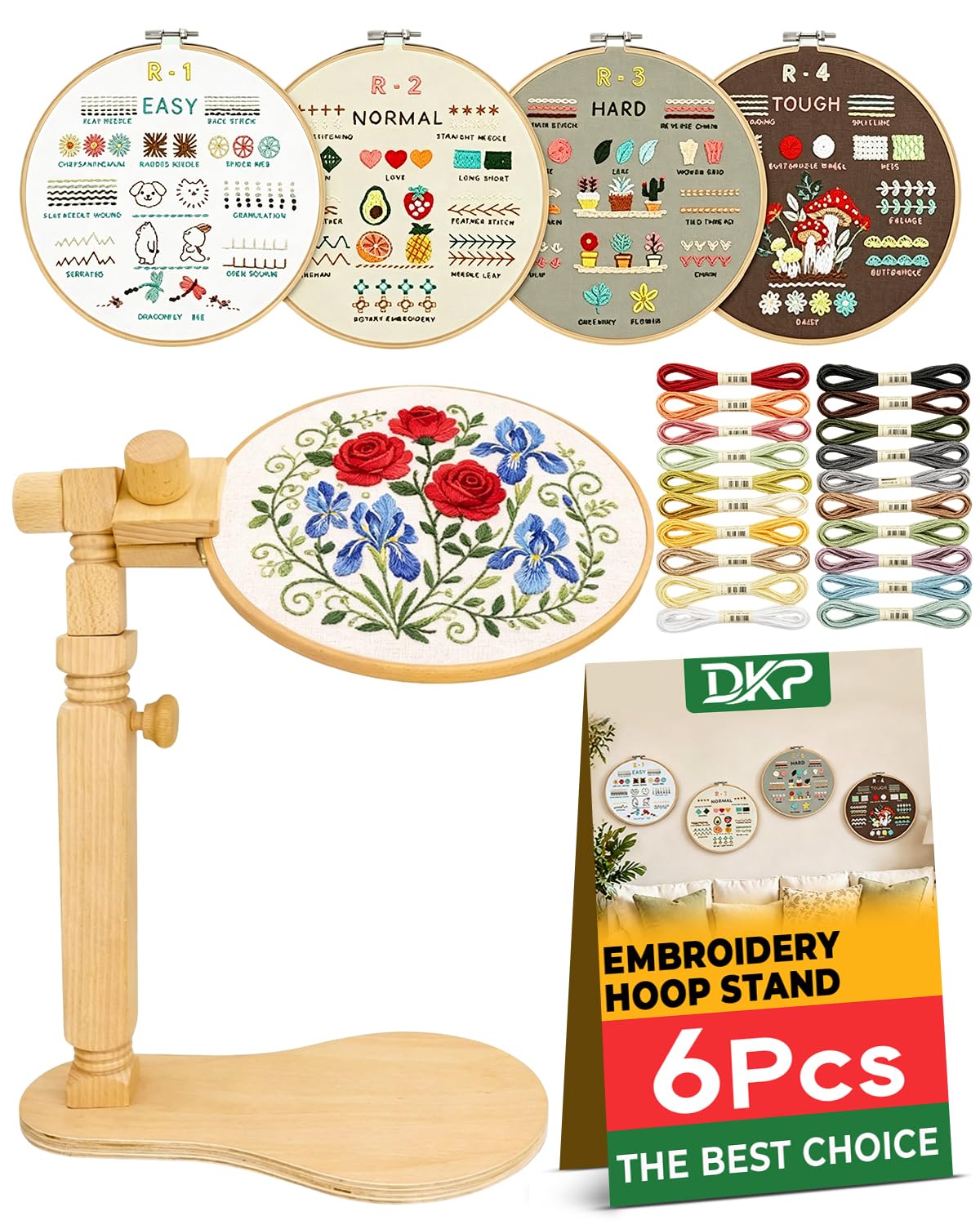 Wood Embroidery Hoop Stand Set, Needlepoint Stand for Lap, Embroidery Hoop Stand with Embroidery Kit for Beginners for Cross Stitch, Embroidery, and Art Craft Sewing Projects