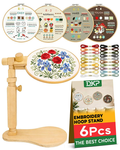 Wood Embroidery Hoop Stand Set, Needlepoint Stand for Lap, Embroidery Hoop Stand with Embroidery Kit for Beginners for Cross Stitch, Embroidery, and Art Craft Sewing Projects