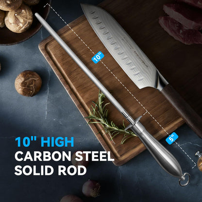 Monbalcon Honing Rod 10'', German High Carbon Steel Knife Sharpener Rod with Premium Gift Box, Professional Fine Sharpening Stone Kitchen Knife Whetstone with Stainless Steel Handle, 10 inch