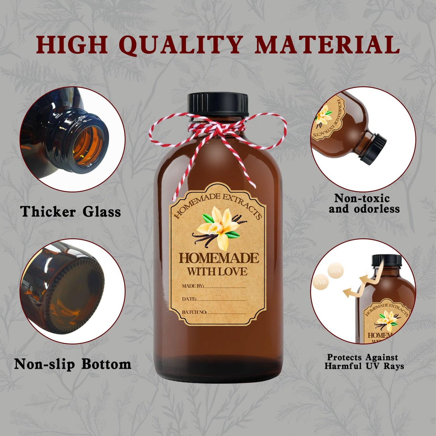 Popokeegoo 4Pcs 16 oz Amber Glass Bottle Brown Round Bottles with Caps, for Vanilla Extract Homemade, for Syrup Gift Glass Food Storage Canister Set, Sauce Beans, Essential Oil