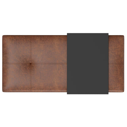 SIMPLIHOME Oregon Storage Ottoman Bench with Tray - 42 inch Wide Vegan Leather Rectangle Storage Ottoman Bench in Distressed Saddle Brown, Transitional Tufted Ottoman for Living Room with Lift-Up Lid
