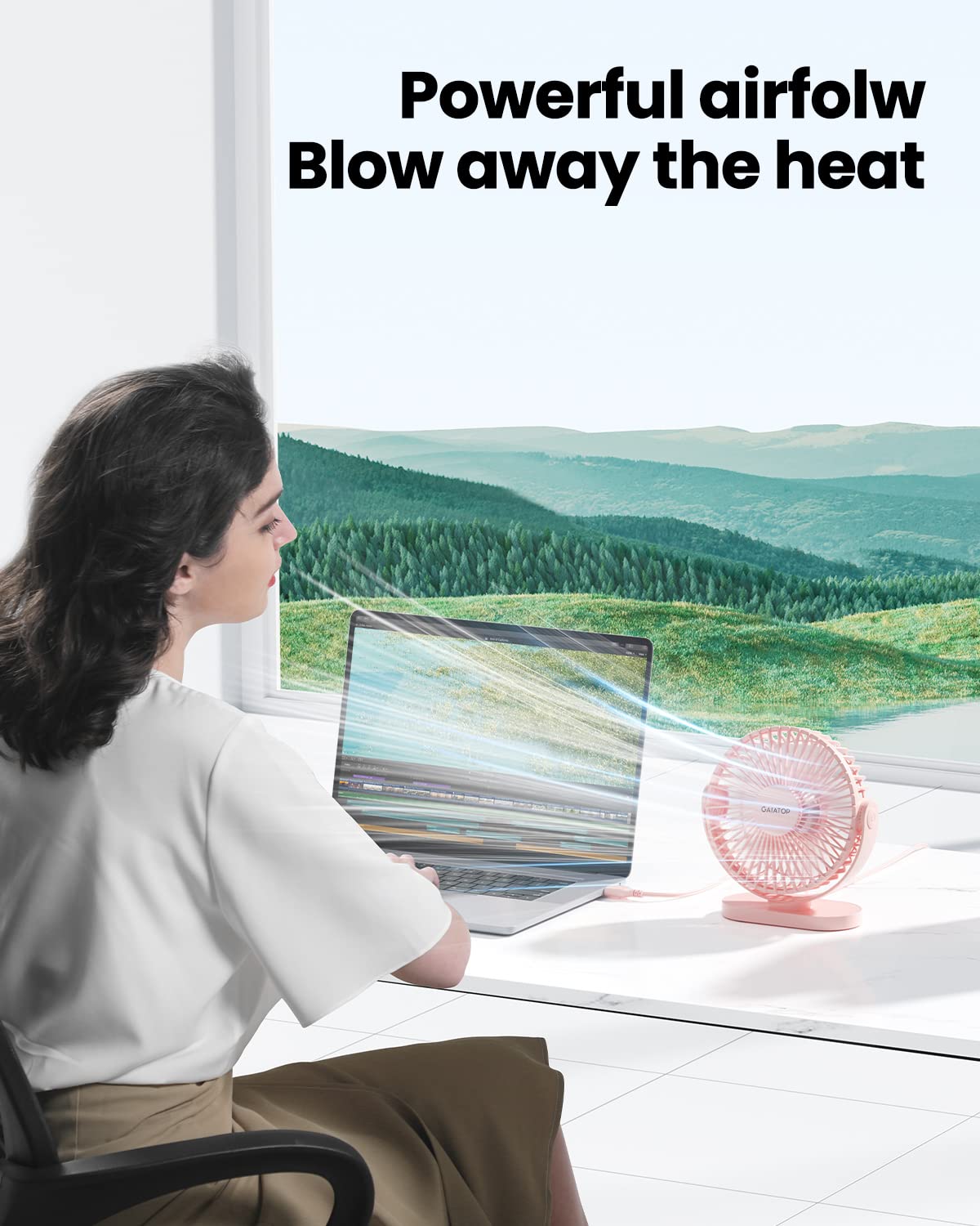 Gaiatop USB Desk Fan, 5.5 Inch Small Quiet Powerful 3 Speeds 90° Rotate, Personal Mini Portable Desktop Table Fans, Cooling for Home Office Car Travel Indoor Outdoor Pink