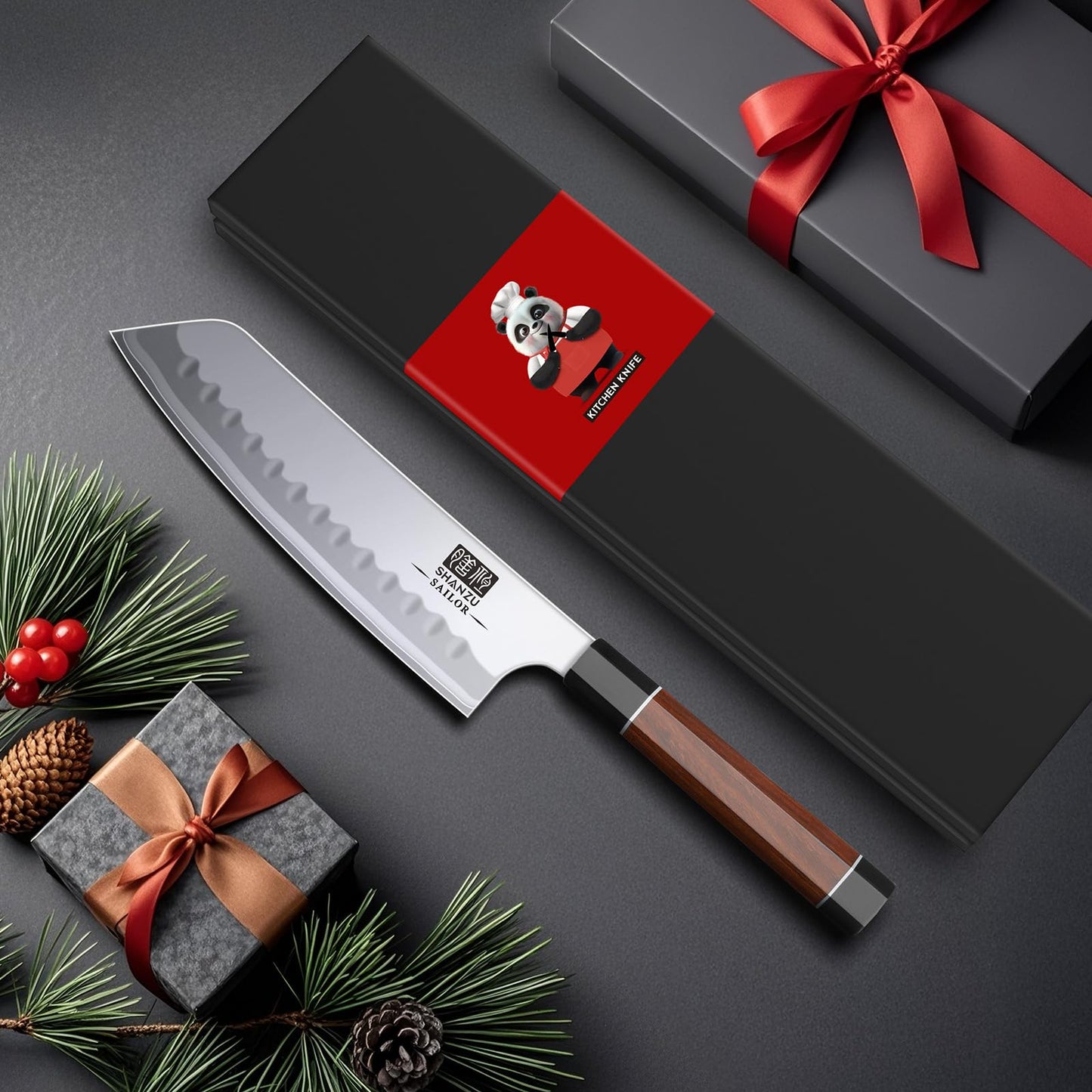SHAN ZU 7 Inch Japanese Chef Knife, 9 Layers 10Cr15MoV High Carbon Steel Professional Kitchen Knife, Sharp Cooking Knife with Ergonomic Red Sandalwood Handle, Meat Cutting Sashimi Santoku Knife