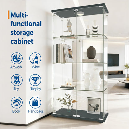 IDEALHOUSE Tempered Glass Display Cabinet with LED Light, 4 Shelves Lockable Curio Showcase, Double Doors Storage Cabinet for Living Room Bedroom Office, Black (64x31.7x14.3 in)