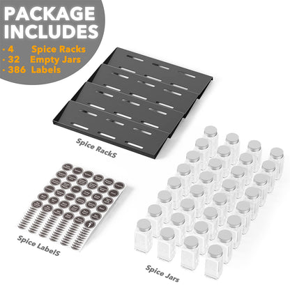 SpaceAid Spice Drawer Organizer with 28 Spice Jars, 386 Spice Labels, 4 Tier Seasoning Rack Tray Insert for Kitchen Drawers, 13" Wide x 17.5" Deep