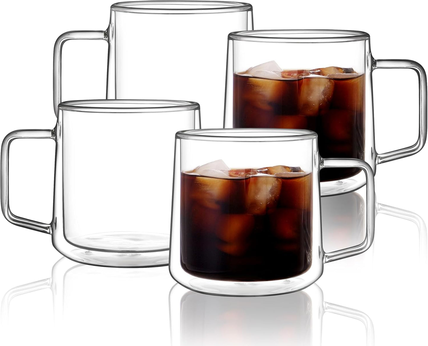 15oz(4-pack) CNGLASS Double Walled Glass Coffee Mugs,Large Insulated Glass Mugs with Handle,Clear Coffee Cups