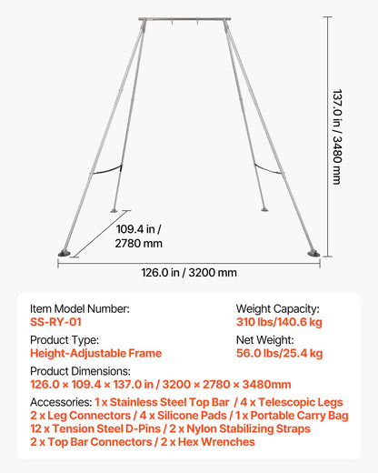 VEVOR Adjustable Yoga Aerial Rig, Aerial Silk Stands with Height Adjustable 5-11FT, Portable Stainless Steel Rig& Aluminum Frame Legs, Fit with Hoops/Lyra/Silks/Hammock