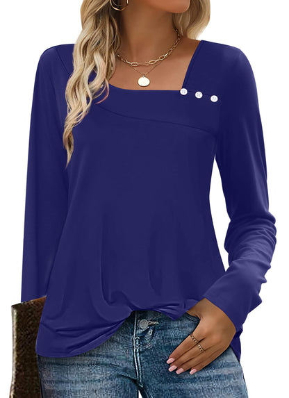 OFEEFAN Long Sleeve Shirts for Women Fall Clothes Asymmetric Square Neck Tunic Tops Decorative Buttons