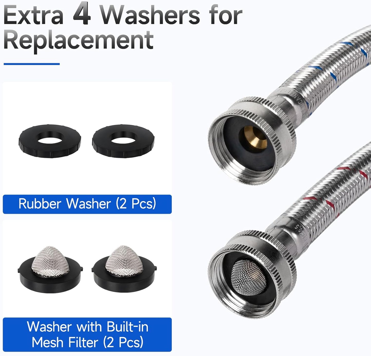 JUWO 4 FT Washing Machine Hoses, 3/4" FHT Stainless Steel Washer Hoses for Short-Distance Water Supply, Red & Blue
