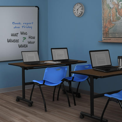 Regency Kobe 72 x 30 in. Flip-Top Training Nesting Table- Neo Walnut, 2 M Stack Chairs- Blue