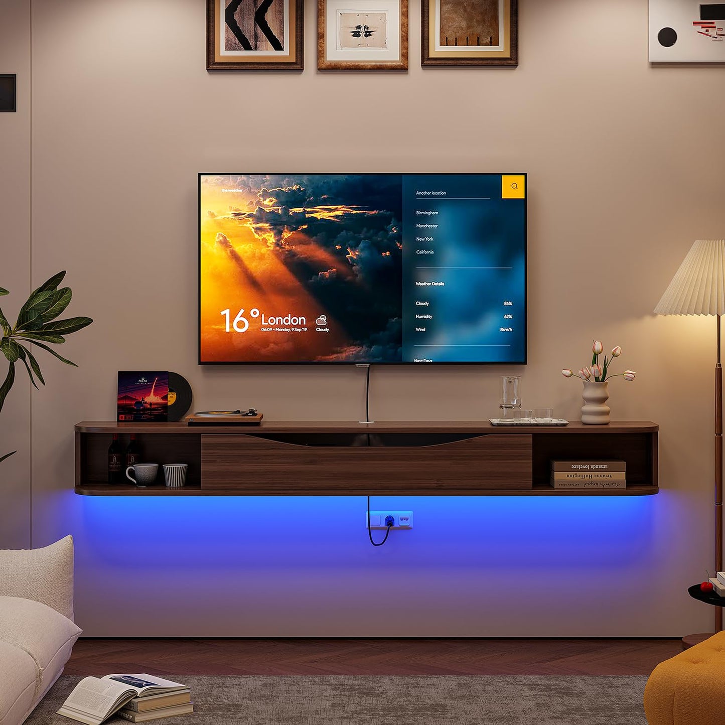 FurniNova Floating TV Stand,94'' Wall Mounted TV Cabinet,Floating TV Console,Under TV Shelf with 1 Door and 2 Cabinets for TVs up to 90''(Walnut)