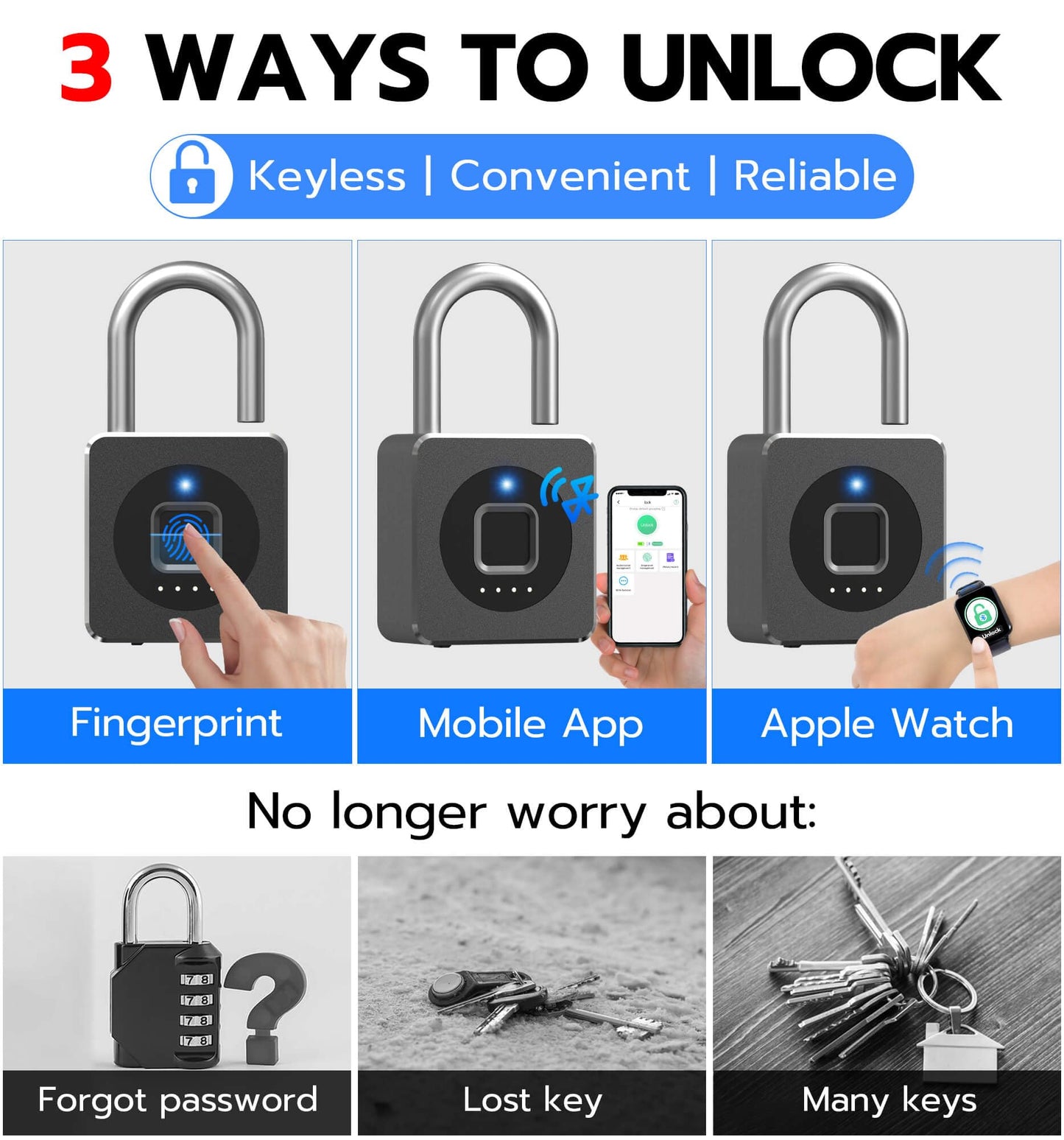 eLinkSmart Fingerprint Gym Locker Lock, Keyless Biometric Padlock, Weatherproof Electronic Digital Bluetooth App Smart Combo Pad Lock for Outdoor Fence Gate School Locker Storage Pool Shed - Black