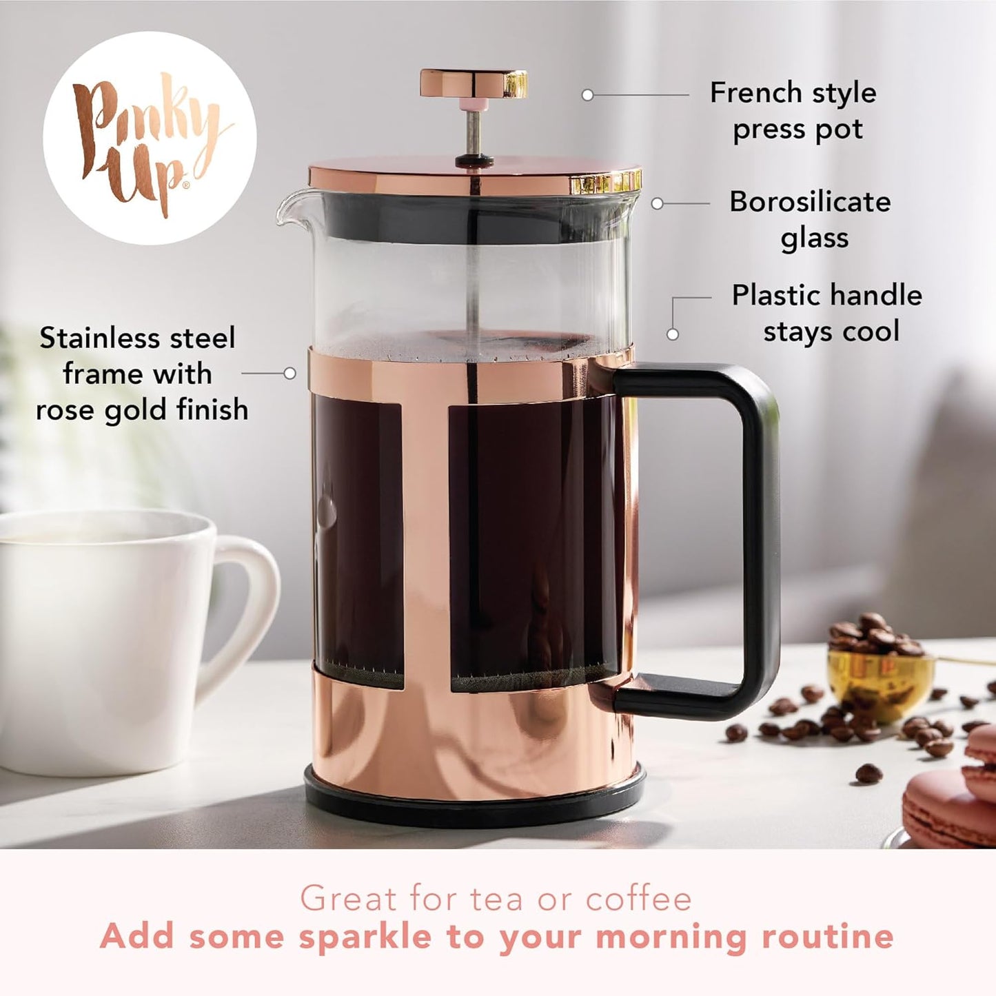 Pinky Up Piper 34 oz Rose Gold Tea Press Pot, French Press for Loose Leaf Tea and Coffee