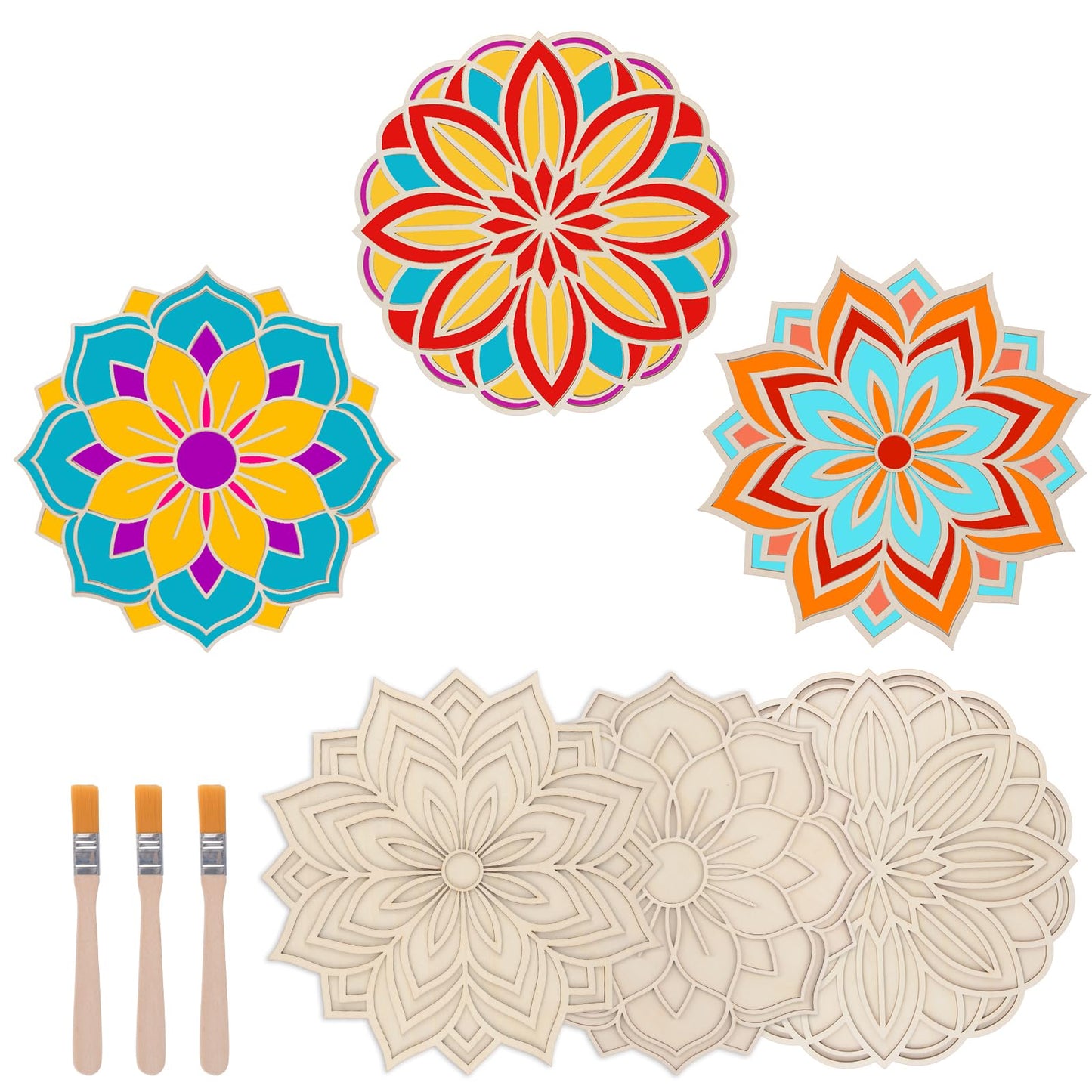 HICOHAND Wooden Mandala Sand Art Set, 3PCS Floral Indian Rangoli Stencils Wooden Mandala DIY Crafts for Indian Traditional Festival Home Decorations