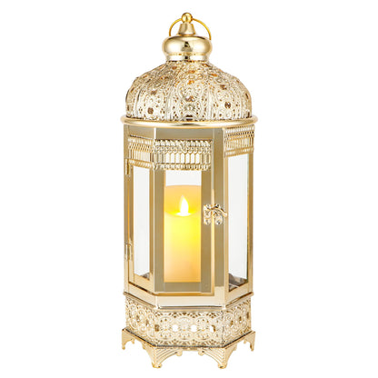 TRIROCKS Moroccan Candle Lantern16'' Gold Hexagonal Candle Holder with Tempered Glass Decorative Indoor Outdoor Ramadan Lantern for Living Room Garden Yard Patio Parties Events (Gold)