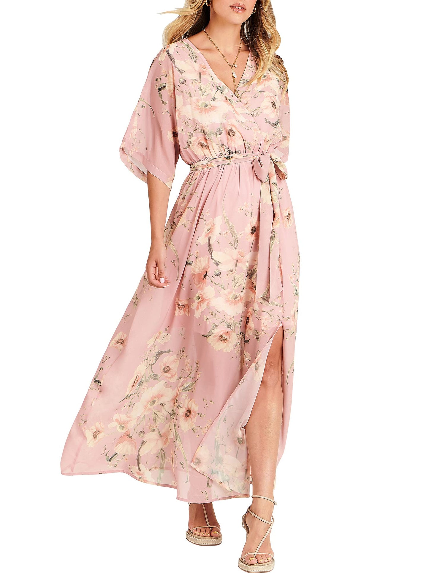 ANRABESS Womens 1/2 Sleeve Beach Wedding Guest Maxi Dresses 2025 Fall Wrap V Neck Boho Floral Flowy Slit Long Summer Dresses