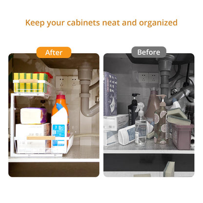 whalenoble Under Sink Organizer 2 Pack, 2 Tier Pull Out Cabinet Organizers and Storage for Kitchen Bathroom Pantry Laundry, Adjustable Height, Slide Out Thickened Metal Storage Shelf (Black, 2 Pack)