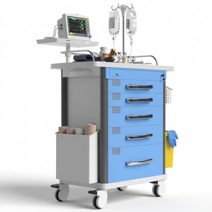 Medical Crash Cart | Emergency Rolling Trolley with 5 Locking Drawers | Hospital Procedure & Lab Utility Cart w/IV Pole, CPR Board, Defib Shelf & Power Strip | Mobile Workstation for Dental & Clinic
