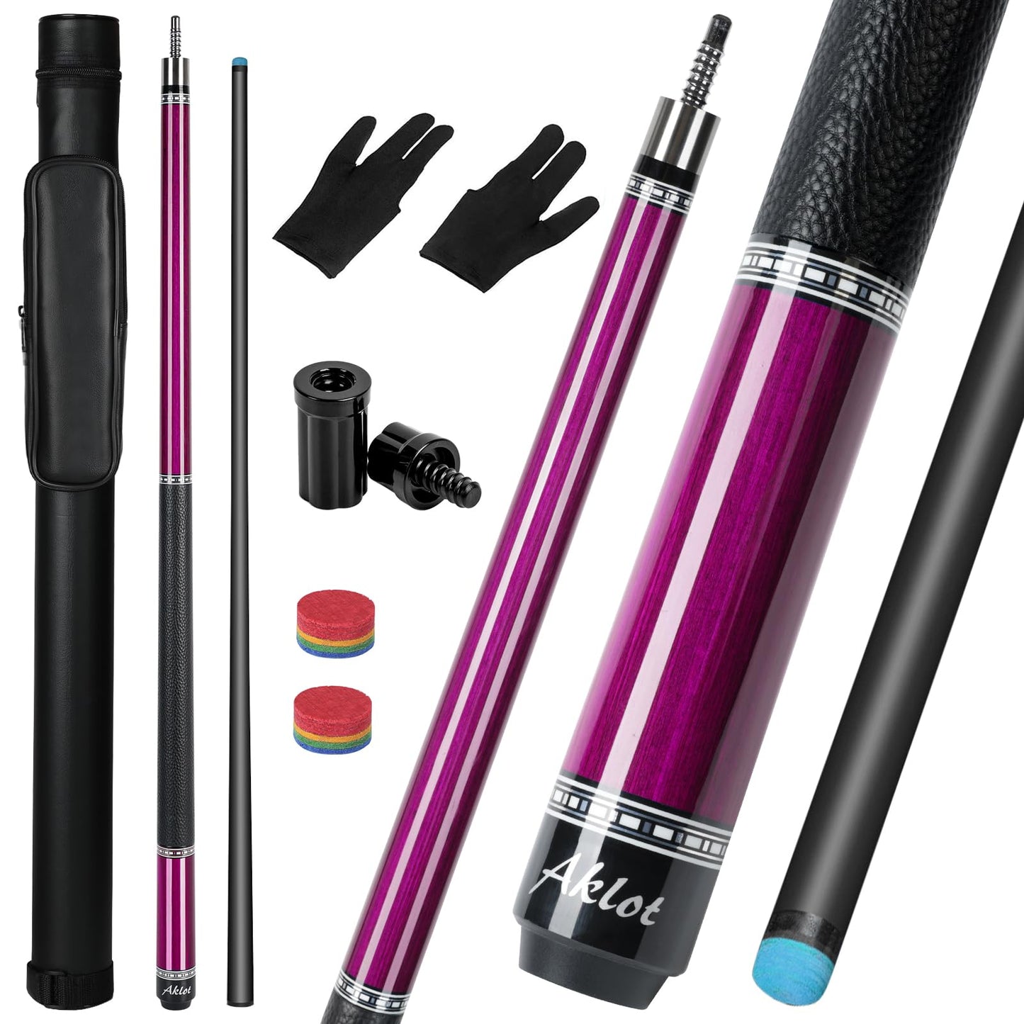 AKLOT Carbon Fiber Pool Cue Stick, 58”, 19oz, Low Deflection Pro Billiard Stick, 12.5mm Tip, Maple Butt & Buffalo Leather Grip Weight Adjustment, Pool Cue Kit with Case,Tips (Rose Phantom)