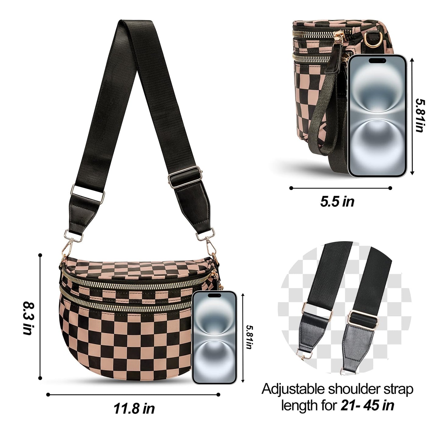 Checkered Crossbody Bag,Nylon Bum Bags for Women Crossbody,Spacious Sling Bag Purse Fanny Packs with Shoulder Strap