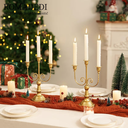Romadedi Candelabra Gold Candle Holders - 3 Arm 11.8" Wedding Candlestick Holder for Theme Party Table Centerpiece Decor Dining Room Birthday Holiday Christmas, Set of 6