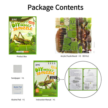 HELLOTOY 3D Acrylic Insects Puzzles DIY Bug Model Kit for Teenagers Educational Display Nature Decoration Figurine Sculpture (Grasshopper)