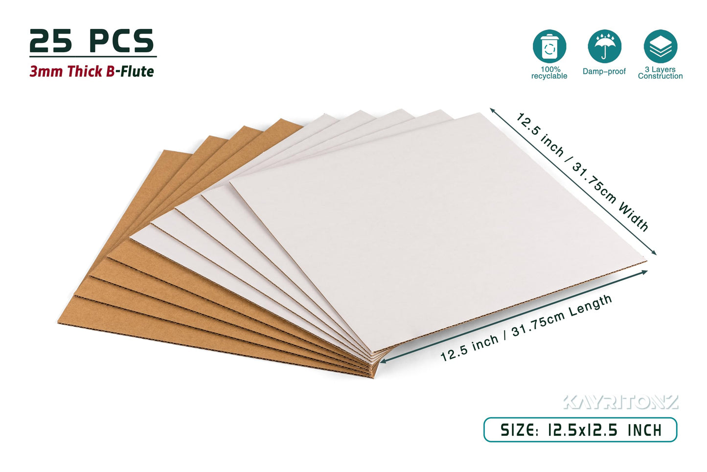 Kayritonz 12.5x12.5 inch Corrugated Cardboard Sheets - 12-inch LP Record Insert Pads for Shipping, Mailing, Packaging, Art Supplies, DIY Crafts, 1/8" Thick Protective Sheets, One-Side White, 25 PCS