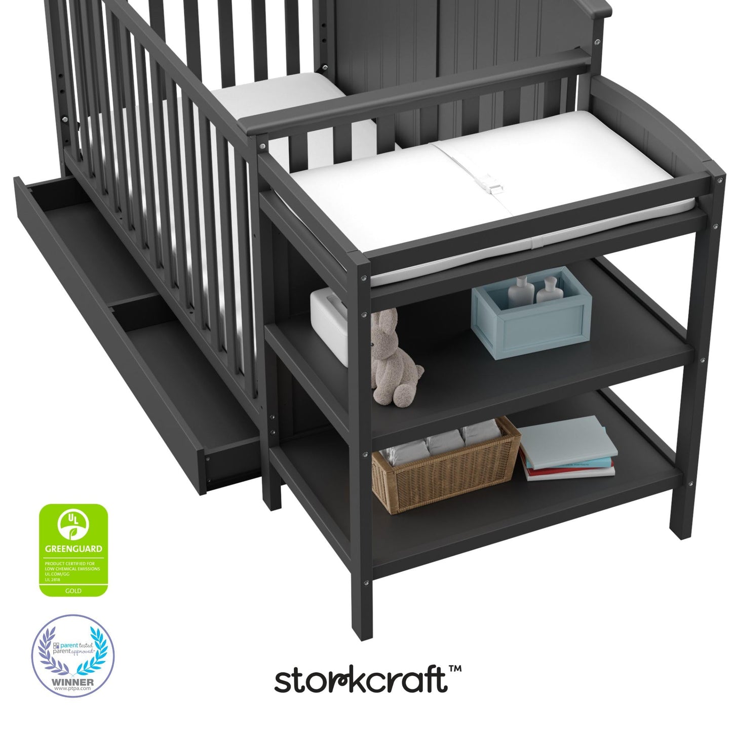 Storkcraft Steveston 5-in-1 Convertible Crib & Changer – GREENGUARD Gold Certified, Fits Standard Crib Mattress, Converts to Toddler Bed and Full Bed, 4 Adjustable Mattress Heights (Gray)